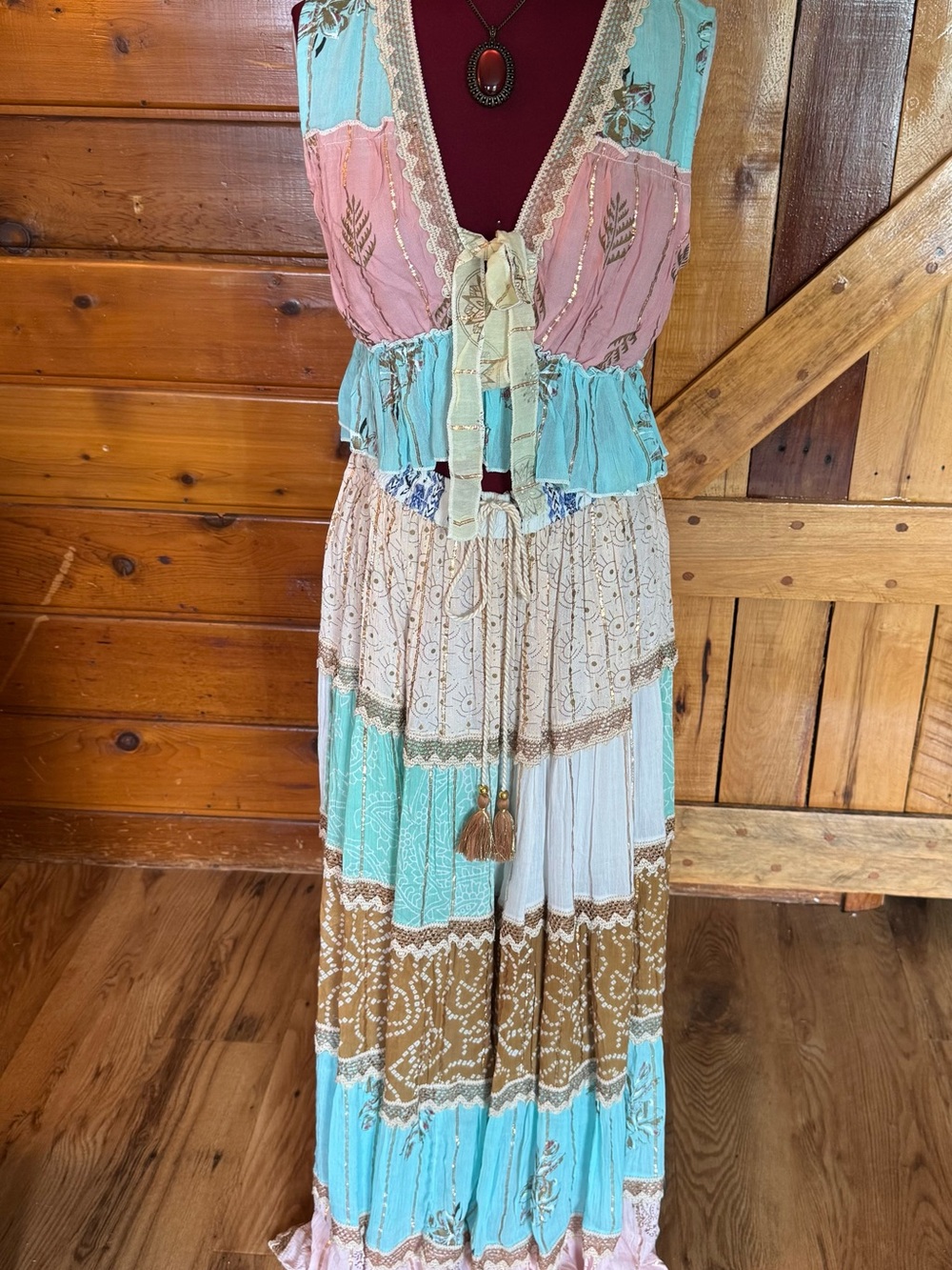 NWT Boho Patchwork Maxi Skirt & Top  in Mint, Pink, Tan & Gold
